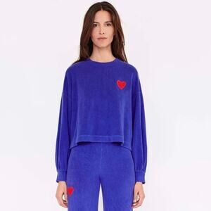 Sundry 1 S Heart Faux Sherpa Sweatshirt Blue Embroidered Pullover Soft TeddyBear